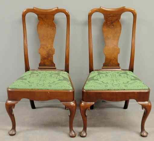 Appraisal: Pair of mahogany Queen Anne style side chairs with burlwood