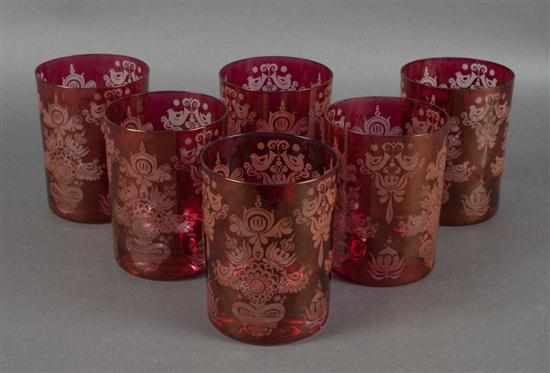 Appraisal: Set of six Bohemian cranberry etched-to-clear glass tumblers stylized floral