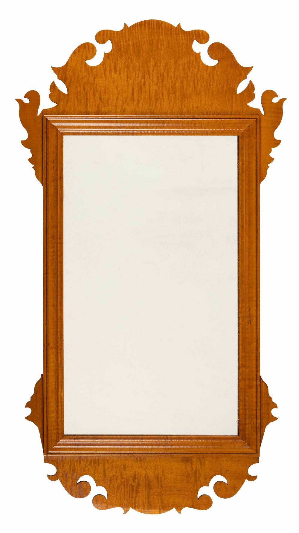 Appraisal: ELDRED WHEELER CHIPPENDALE-STYLE MIRROR Massachusetts th Century Tiger maple frame