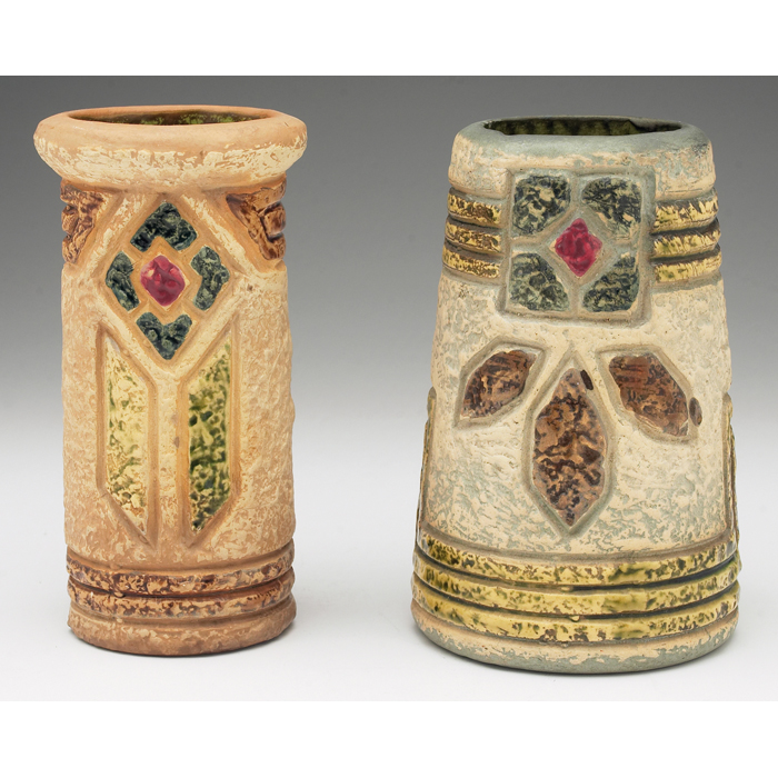 Appraisal: Roseville Mostique vases two both with colorful stylized floral designs