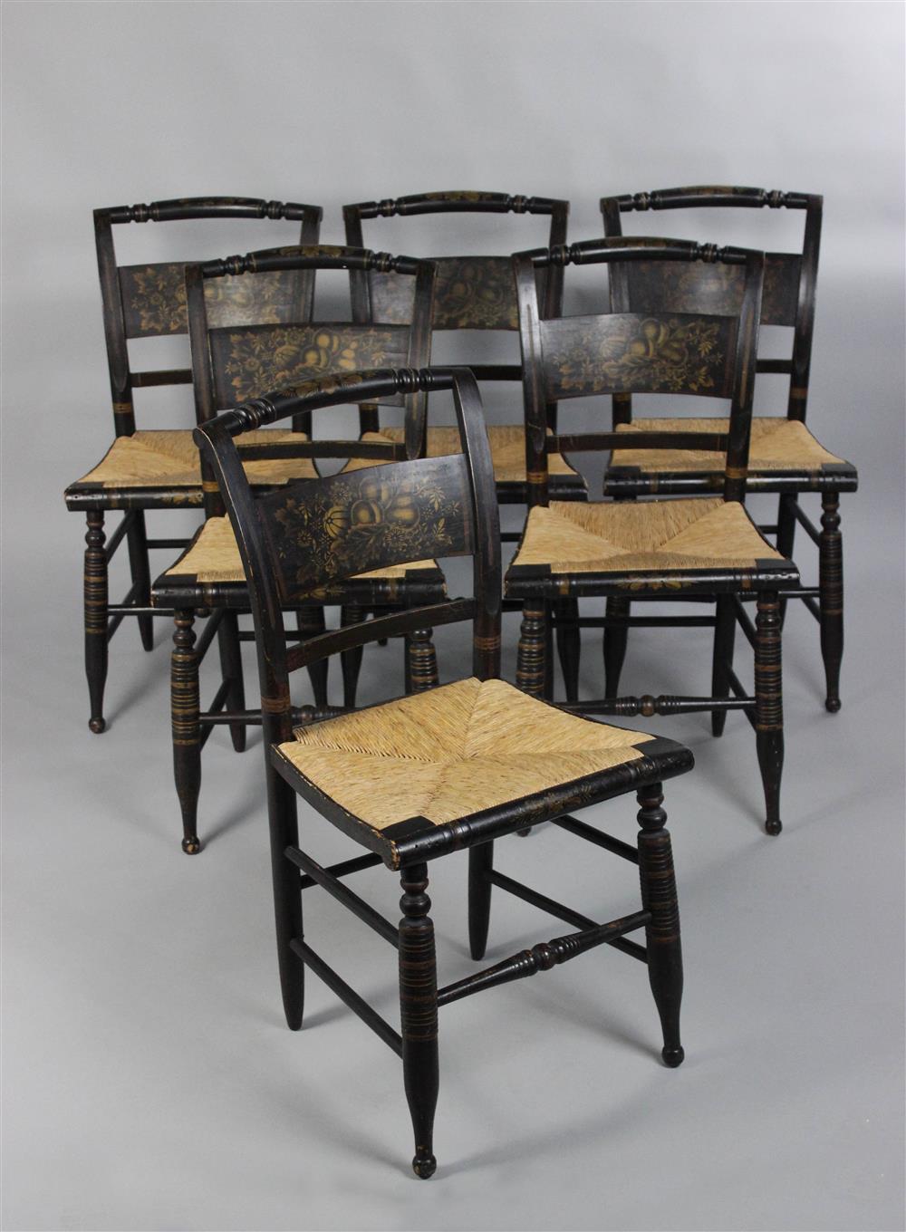 Appraisal: SET OF SIX BLACK PAINT DECORATED FANCY CHAIRS TH CENTURY