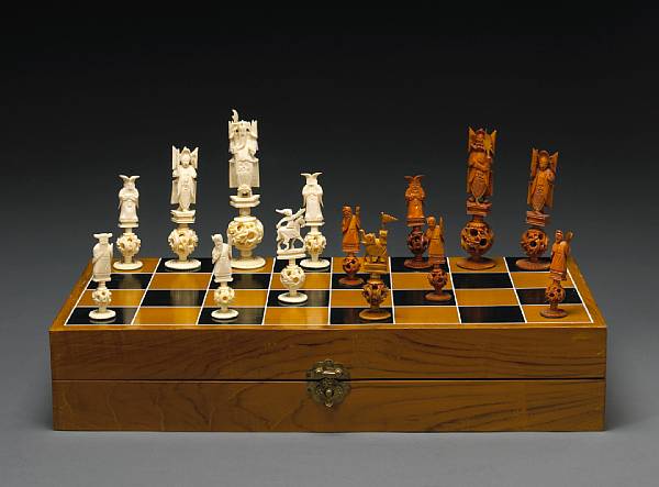 Appraisal: A pieced and tinted ivory chess set th Century Carved