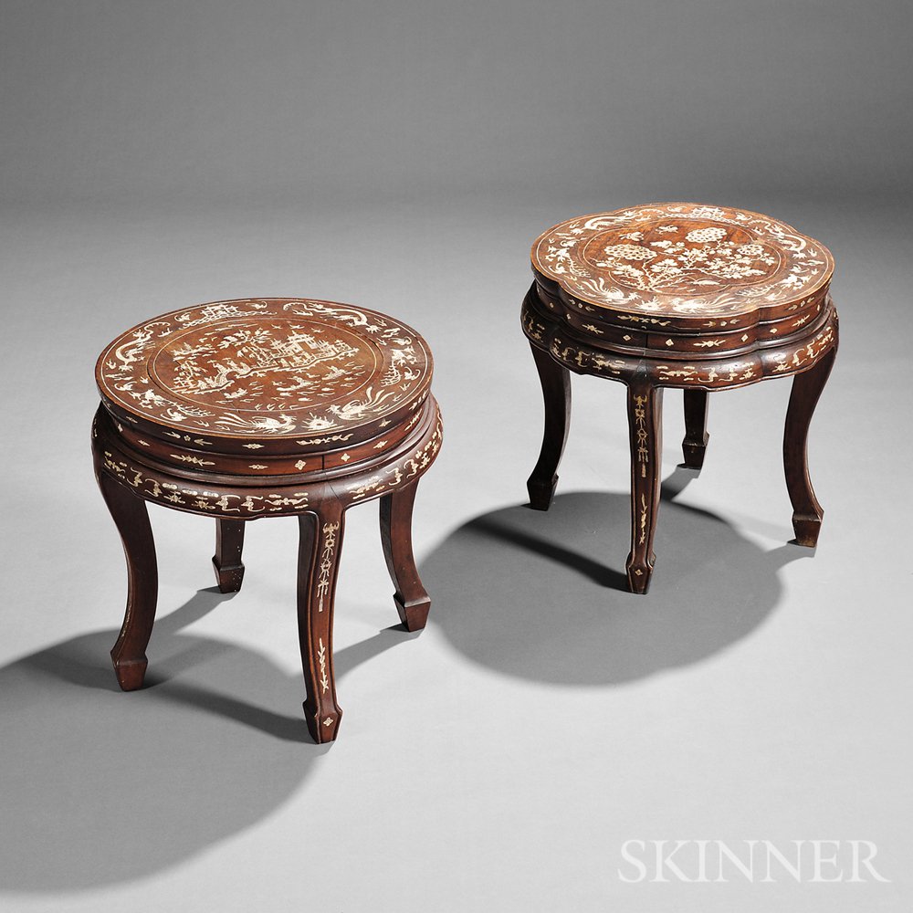 Appraisal: Two Inlaid Stools China th century hardwood with bone inlays