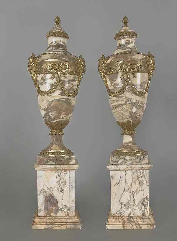 Appraisal: Pair of Georgian style ormolu mounted marble urns on plynths