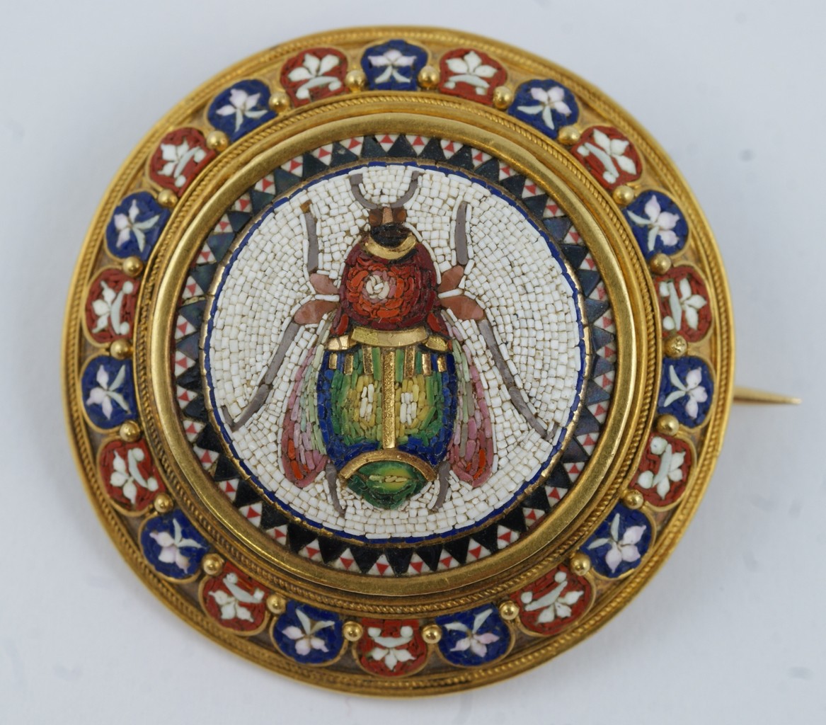 Appraisal: Unmarked high karat YG micro mosaic pin depicting a scarab