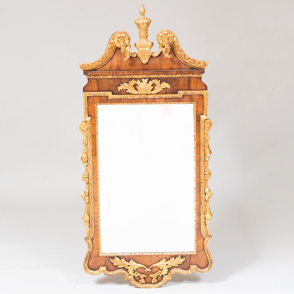 Appraisal: George II Walnut Parcel-Gilt Mirror Composed of later elements the