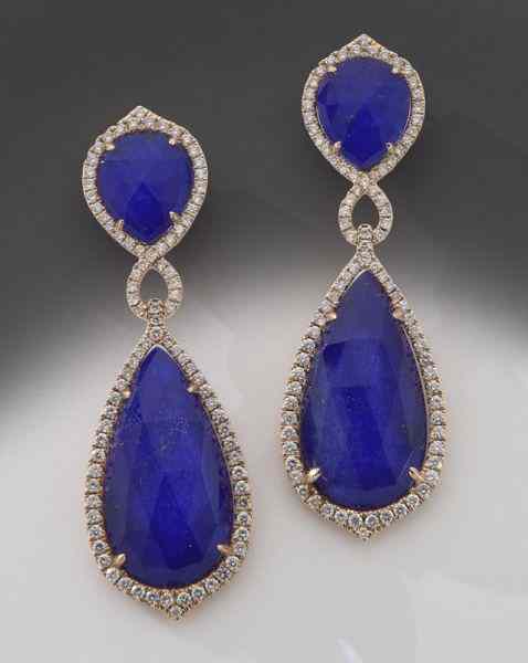 Appraisal: Pr K gold diamond topaz and lapis earringsfeaturing faceted white