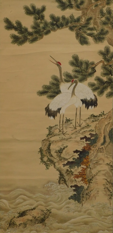 Appraisal: JAPANESE PAINTED CRANES HANGING WALL SCROLL Japan Scene of birds