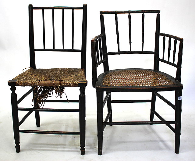 Appraisal: AN ANTIQUE EBONISED FAUX BAMBOO ARMCHAIR and a similar painted