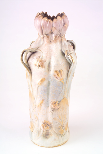 Appraisal: AMPHORA Tall organically-shaped vase embossed with water lilies and lily