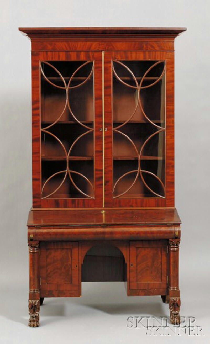 Appraisal: Classical Carved Mahogany and Mahogany Veneer Glazed Kneehole Desk Bookcase