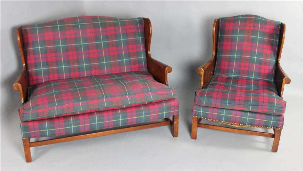 Appraisal: CHIPPENDALE STYLE UNUSUAL TIGER MAPLE SETTEE AND WING CHAIR having