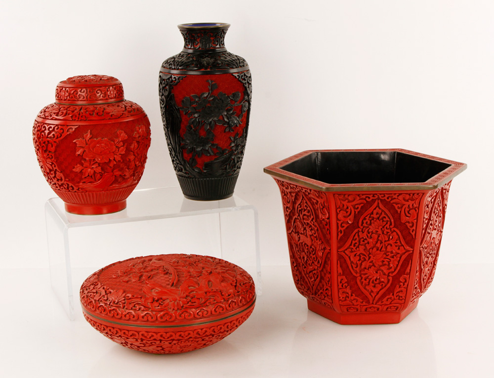 Appraisal: - Four Chinese th C Red Lacquer Items Lot of