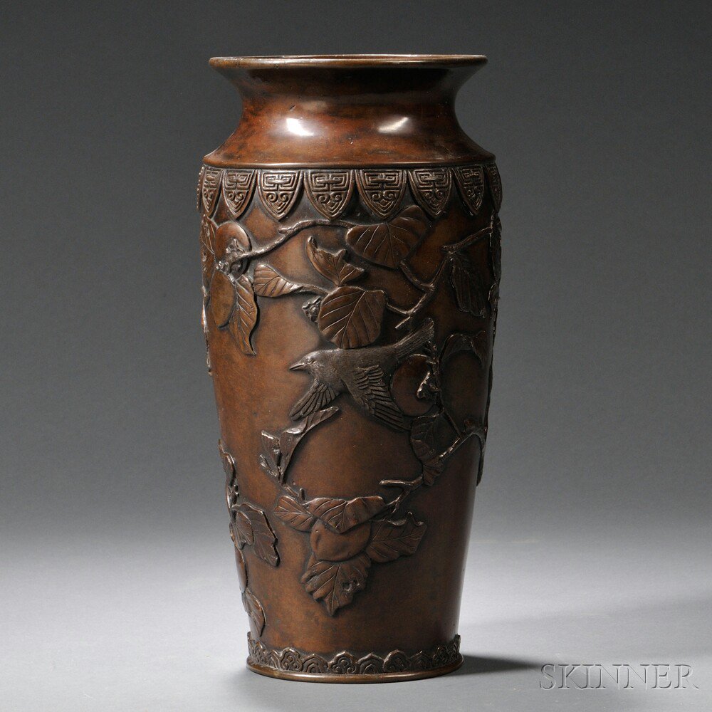 Appraisal: Bronze Vase Japan tapered cylindrical body with a flared mouth