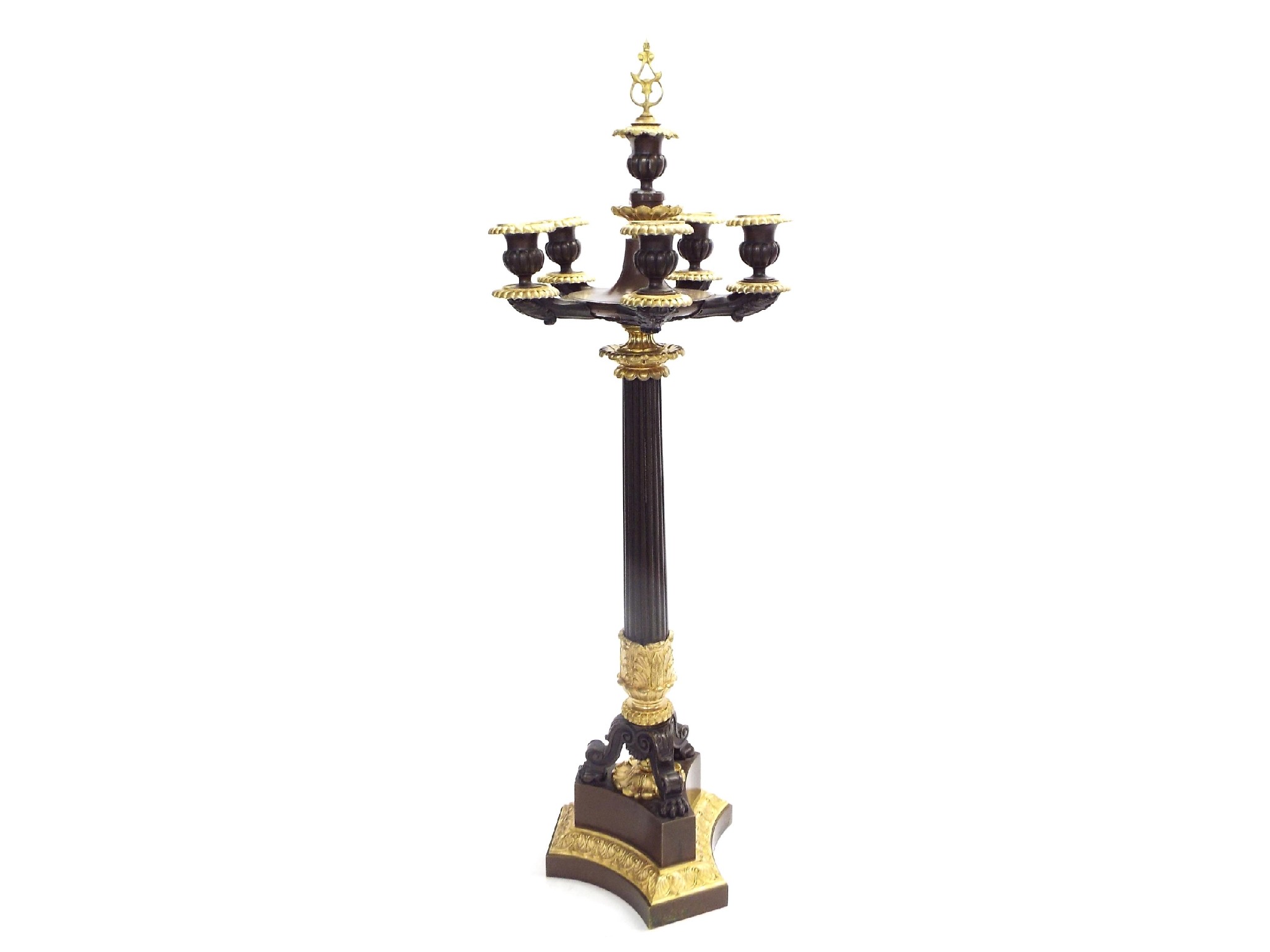 Appraisal: French Empire style ormolu and bronze five branch candelabra upon