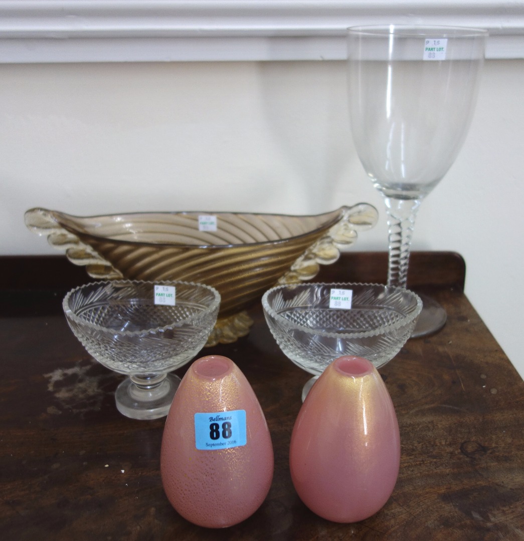 Appraisal: A pair of Venetian gilt speckled pink glass vases th