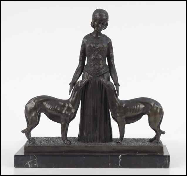 Appraisal: PATINATED BRONZE MAIDEN WITH TWO DOGS Raised on a ''