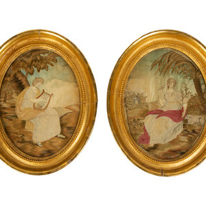 Appraisal: A Pair of English Silk Embroidered and Painted Pictures in