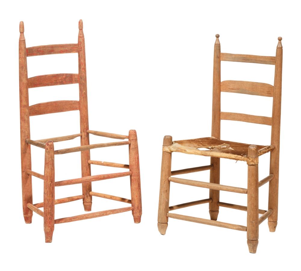 Appraisal: Two Louisiana Cypress Ladder-Back Chairs th c finialed stiles stretchers