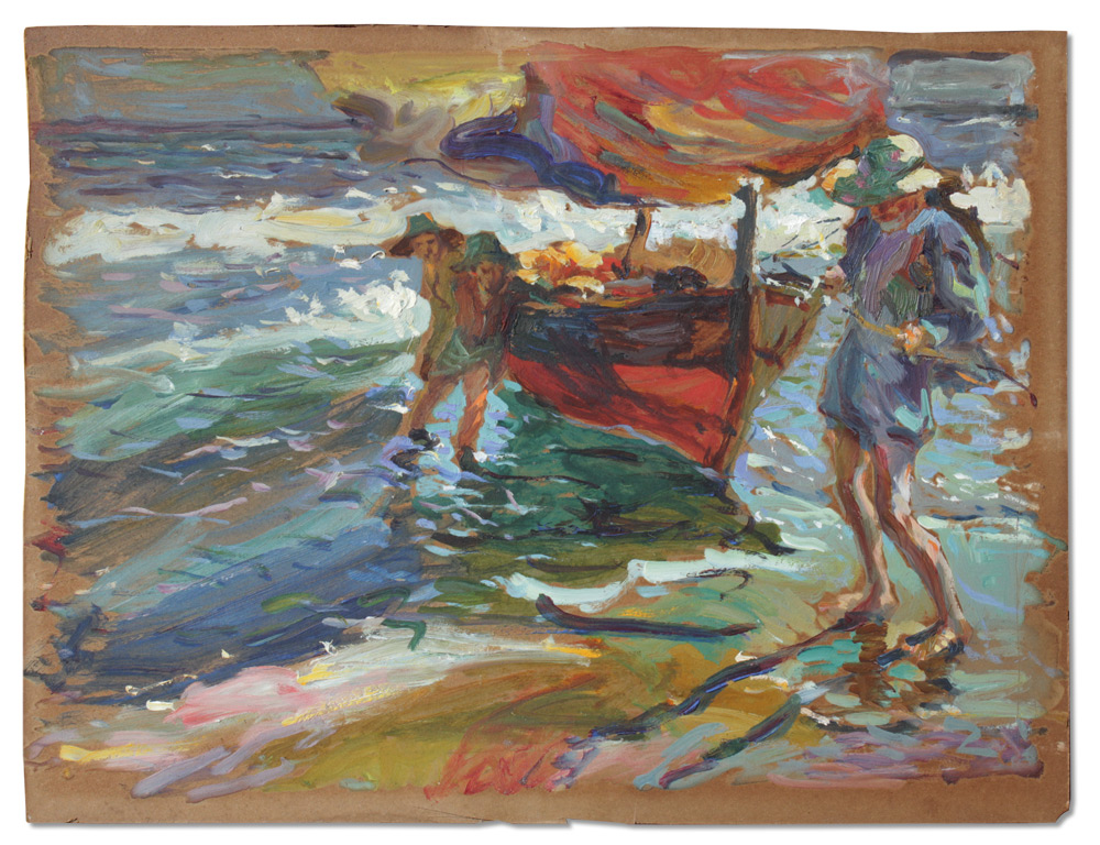 Appraisal: BEACH PAINTING CIRCA IN THE STYLE OF SOROLLA Oil Watercolor