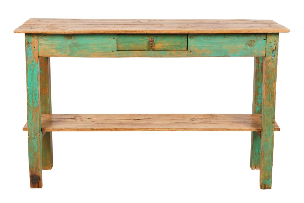 Appraisal: AMERICAN RUSTIC GREEN-PAINTED WOOD SIDE TABLEconstructed from antique and newer