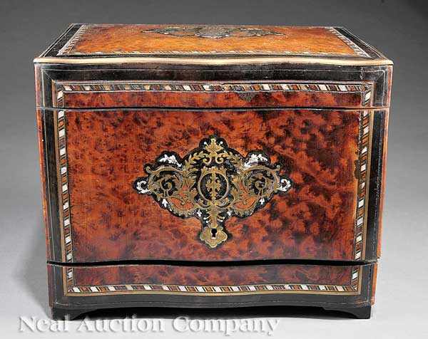 Appraisal: A French Inlaid Burlwood Cave Liqueur mid- th c mother-of-pearl