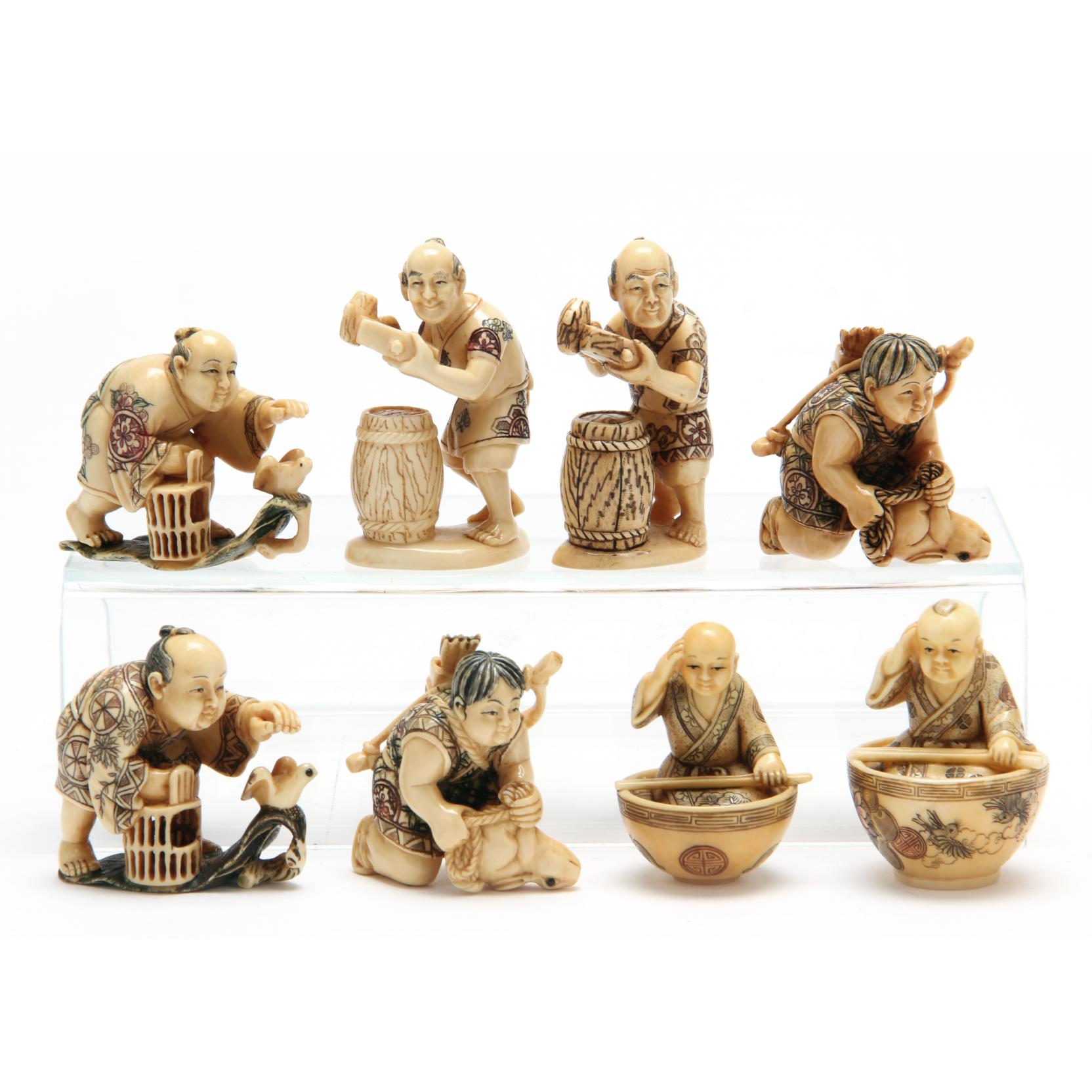 Appraisal: Group of Eight Netsuke th century ivory all with signatures