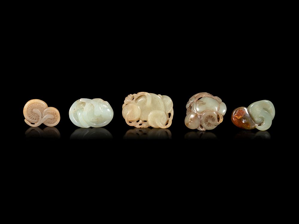 Appraisal: Five Jade Carvings of Mushrooms Length of longest in cm