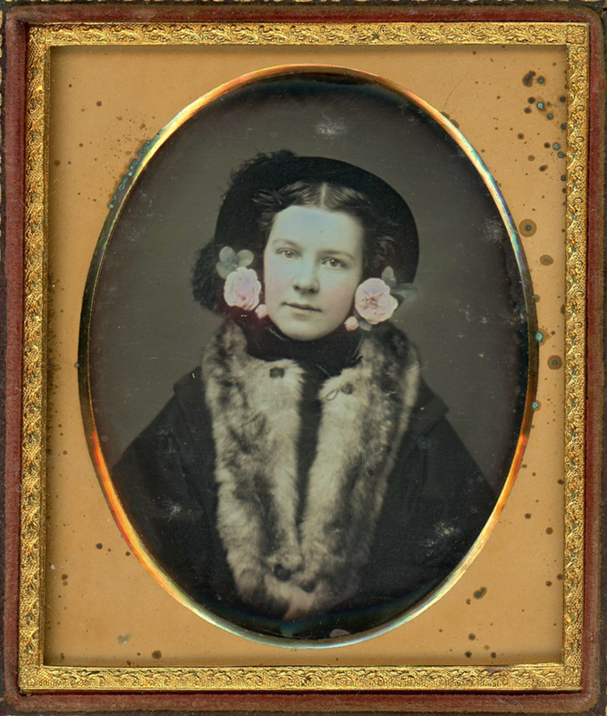 Appraisal: LADY WITH FLOWERS FUR DAGUERREOTYPE Sixth plate The young lady