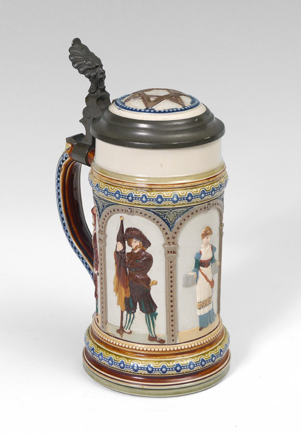 Appraisal: METTLACH GERMAN BEER STEIN liter stein with cavaliers and beer