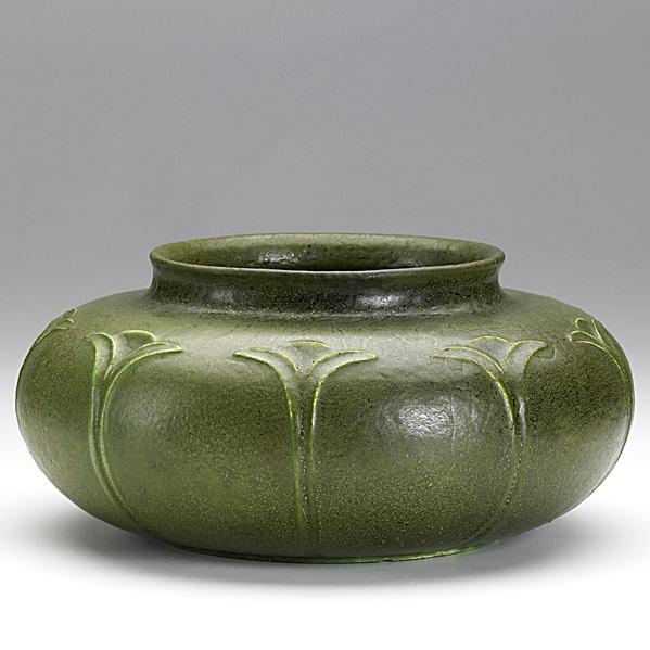 Appraisal: WILHELMINA POSTGRUEBYSquat matte green vase with stylized flowersExhibition Arts and