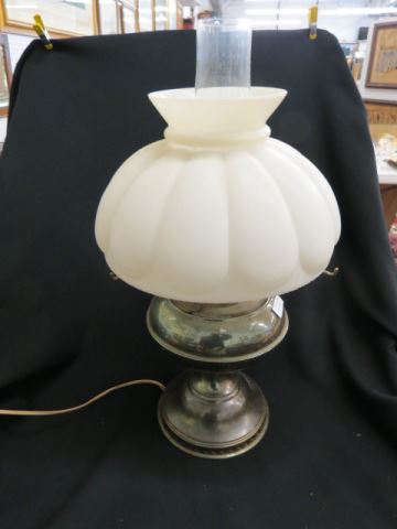 Appraisal: Bradley and Hubbard Kerosene Lamp white satin umbrella shade electrified