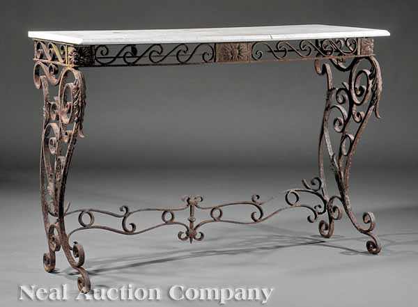 Appraisal: An Antique Wrought Iron Console rectangular white marble top with