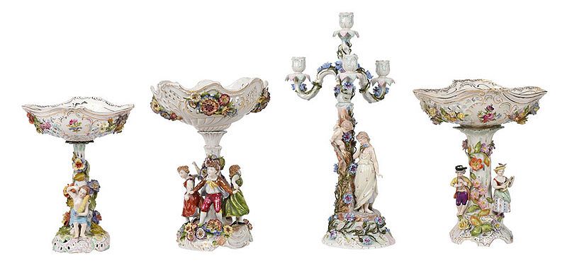 Appraisal: Four Dresden and German Figural Centerpieces late th th century