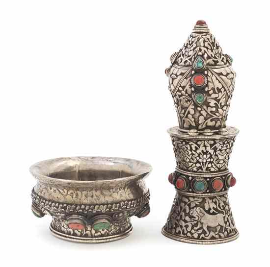 Appraisal: Two Tibetan Silver Altar Pieces comprising a low bowl with