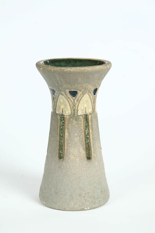 Appraisal: ROSEVILLE MOSTIQUE VASE Unglazed gray ground with blue yellow and