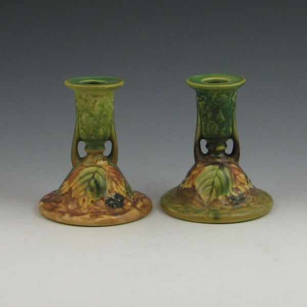 Appraisal: Roseville Blackberry - '' candleholders One is marked in red