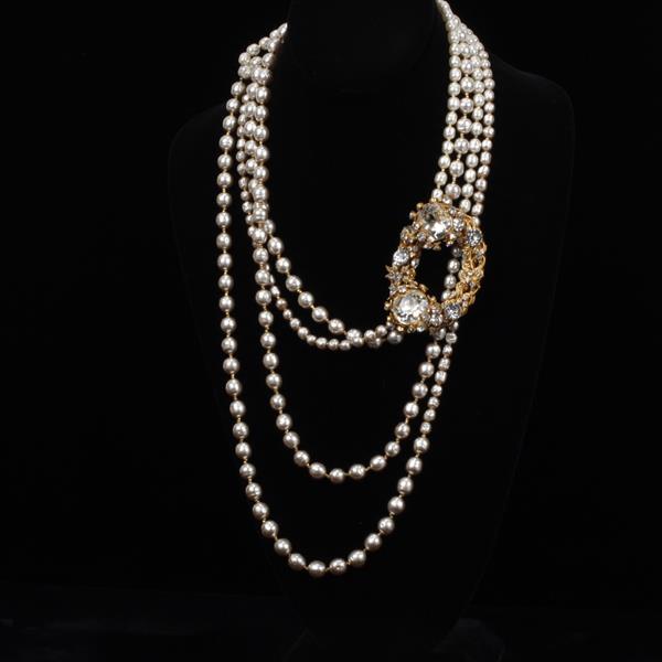 Appraisal: Miriam Haskell Faux Pearl Wrap Necklace with Rhinestones on Brasss