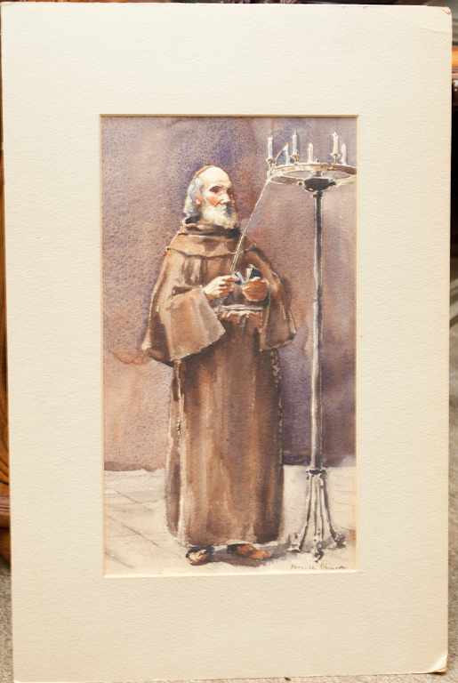 Appraisal: Florence Robinson American th century Monk Lighting Candles watercolor on