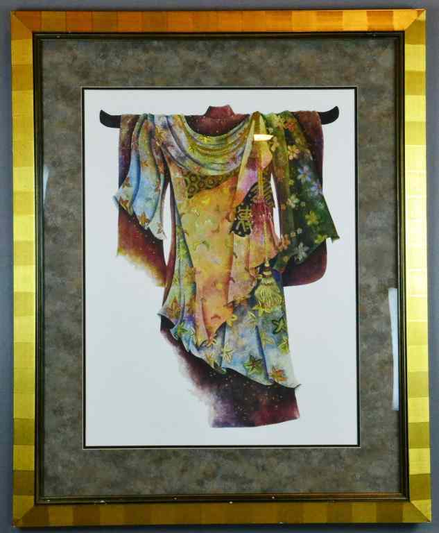 Appraisal: Framed Kimono PrintDepicting a colorful kimono with gilt details and