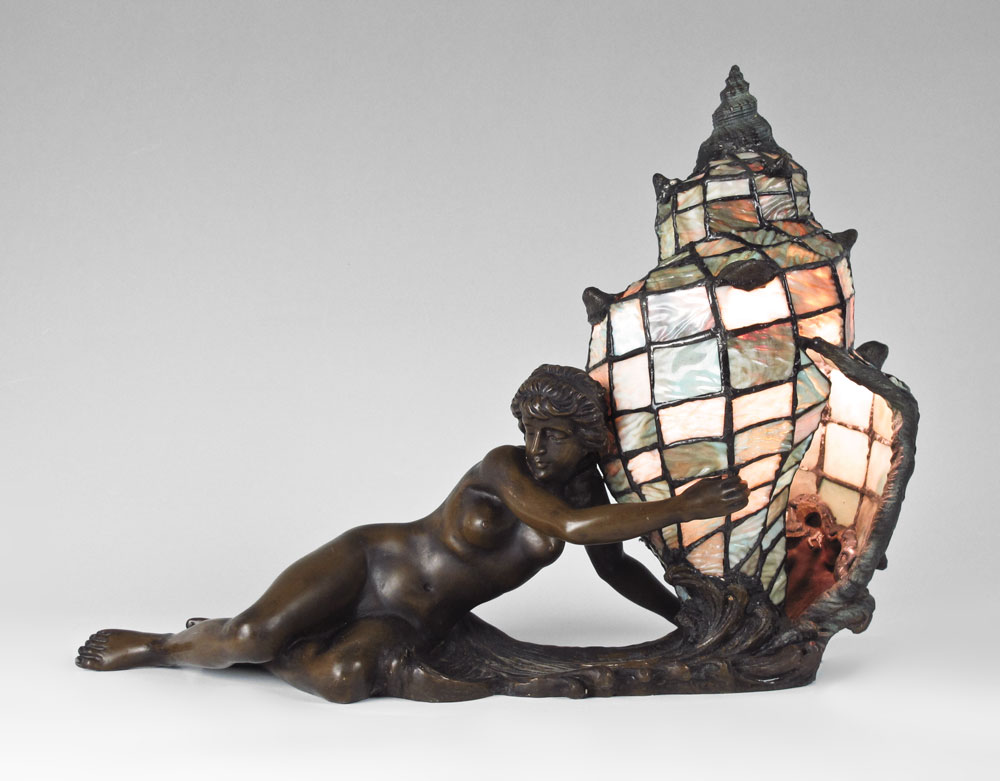 Appraisal: BRONZE FIGURAL SHELL AND NUDE LAMP SIGNED WUYH Figural nude