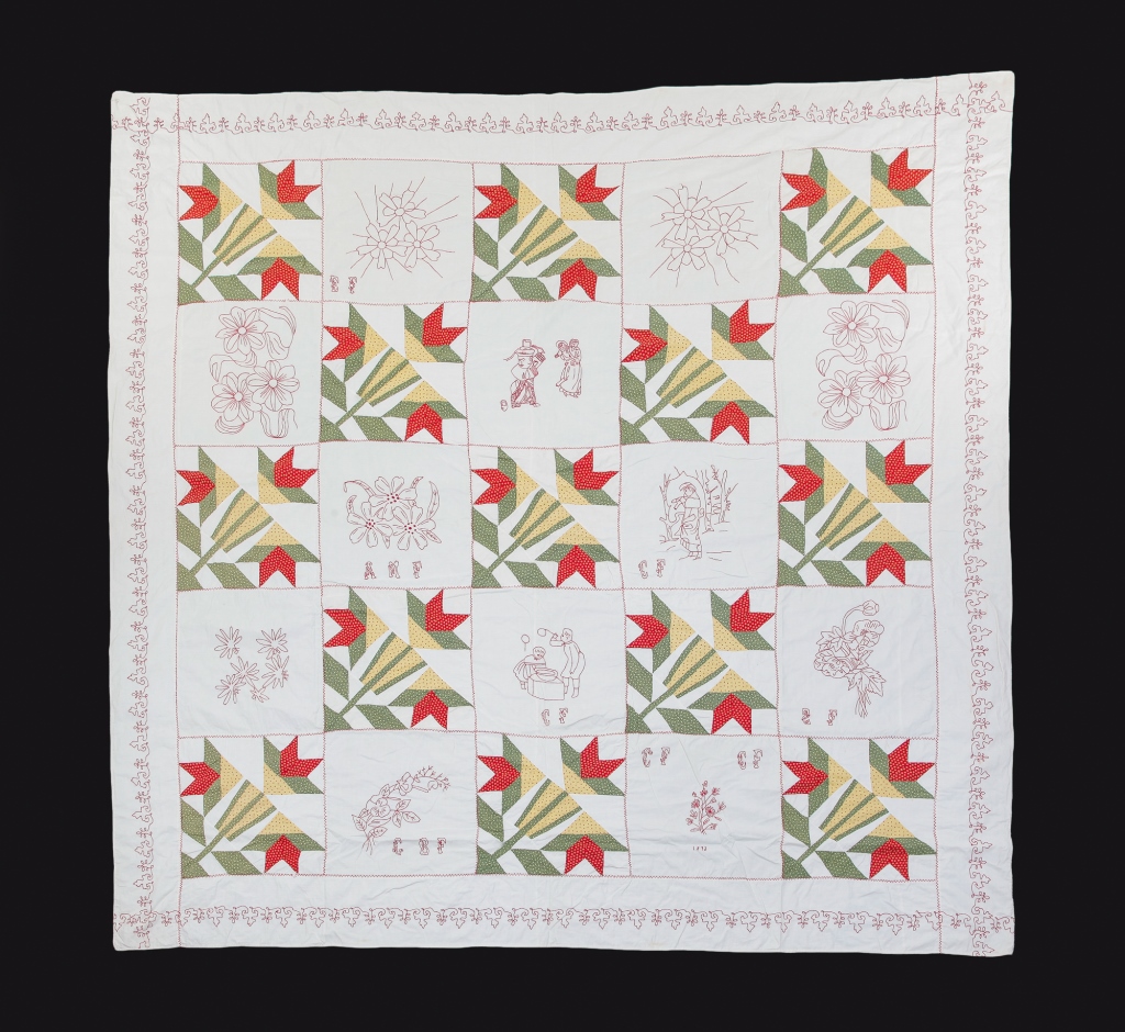 Appraisal: Late th-early th century Pieced calico fabric tulips and red