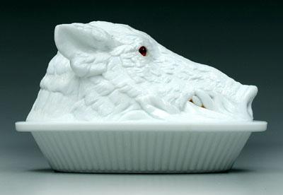 Appraisal: Milk glass lidded boar dish applied red glass eyes patented