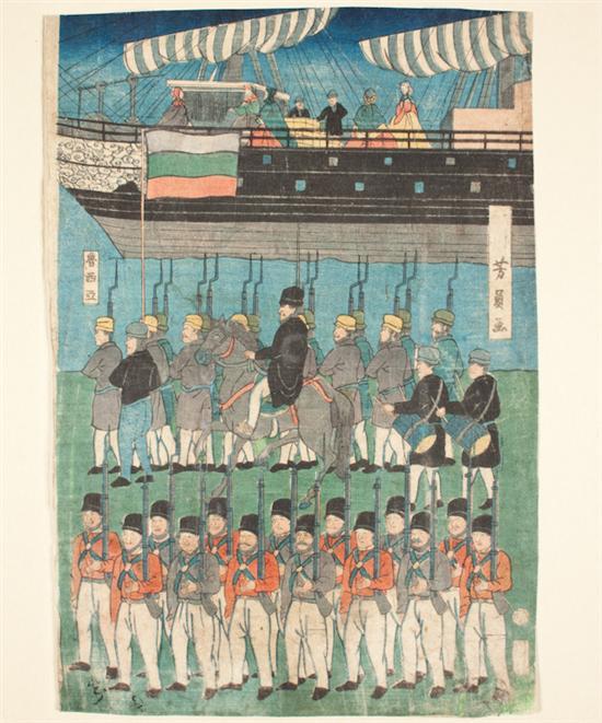 Appraisal: Utagawa Yoshikazu Japanese act - Western Soldiers and Sailing Ship