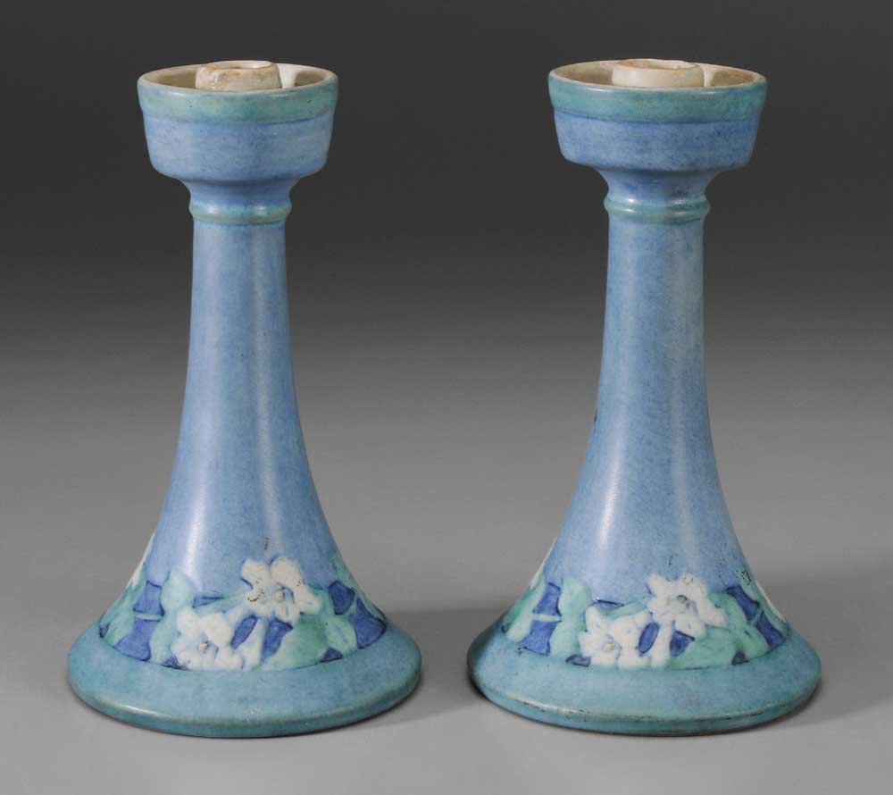 Appraisal: Pair Newcomb College Candlesticks each with trumpet-shaped base with flowers