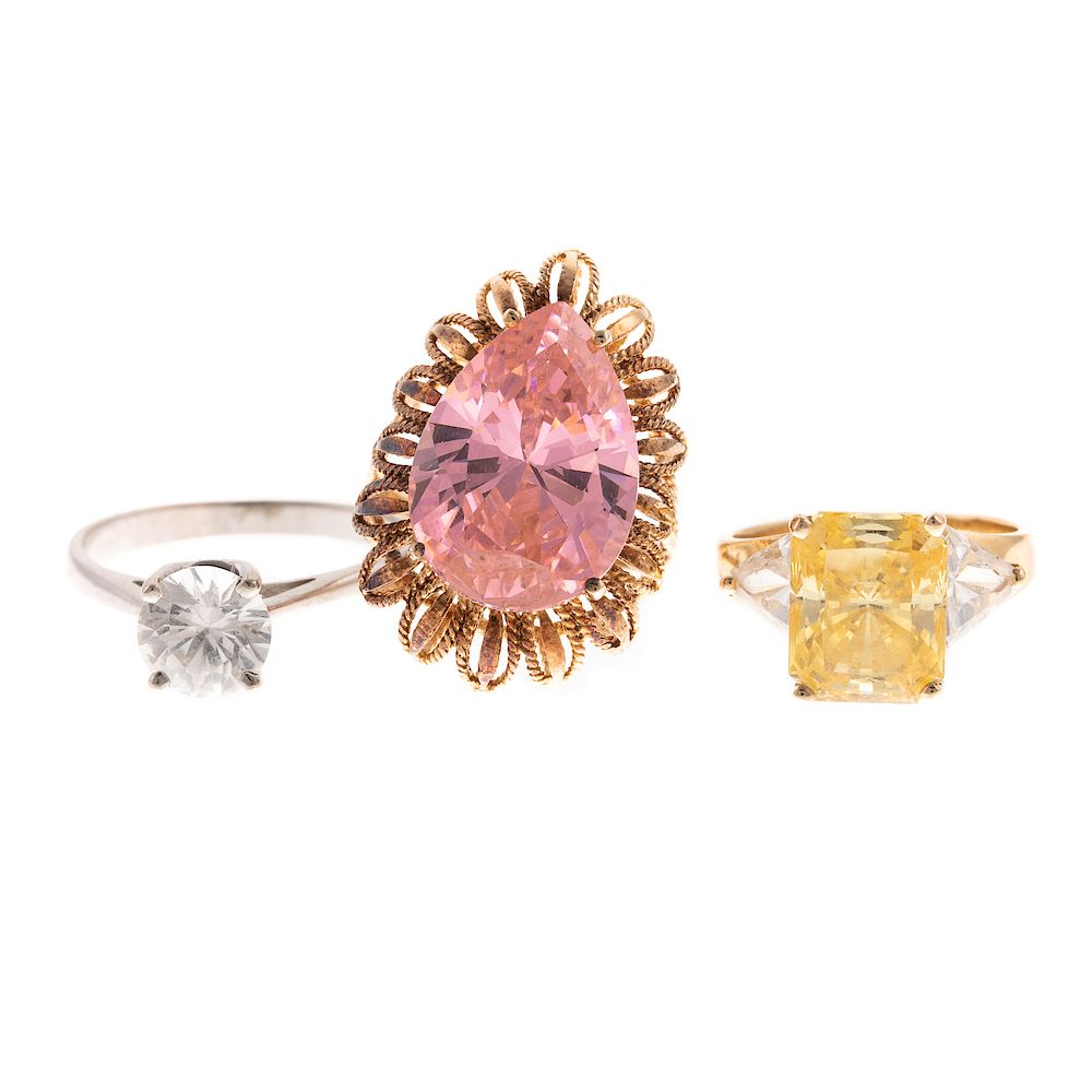 Appraisal: A Trio of Ladies Large CZ Rings in Gold K