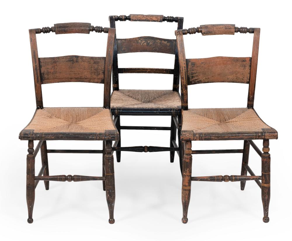 Appraisal: THREE HITCHCOCK PILLOWBACK SIDE CHAIRS TH CENTURY BACK HEIGHTS SEAT