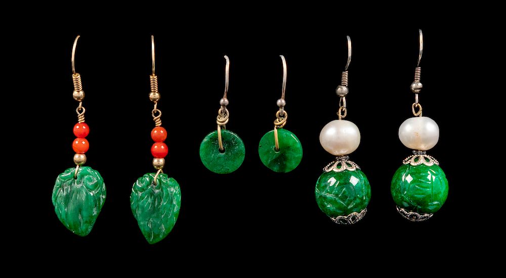 Appraisal: Three Pairs of Chinese Spinach Jade Earrings Largest width in