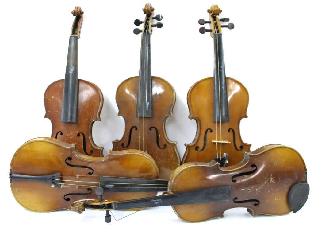 Appraisal: Five various th century three-quarter size violins