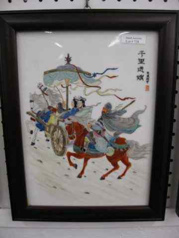 Appraisal: Chinese Porcelain Plaque horse drawn carriage with ladies warrior approaching